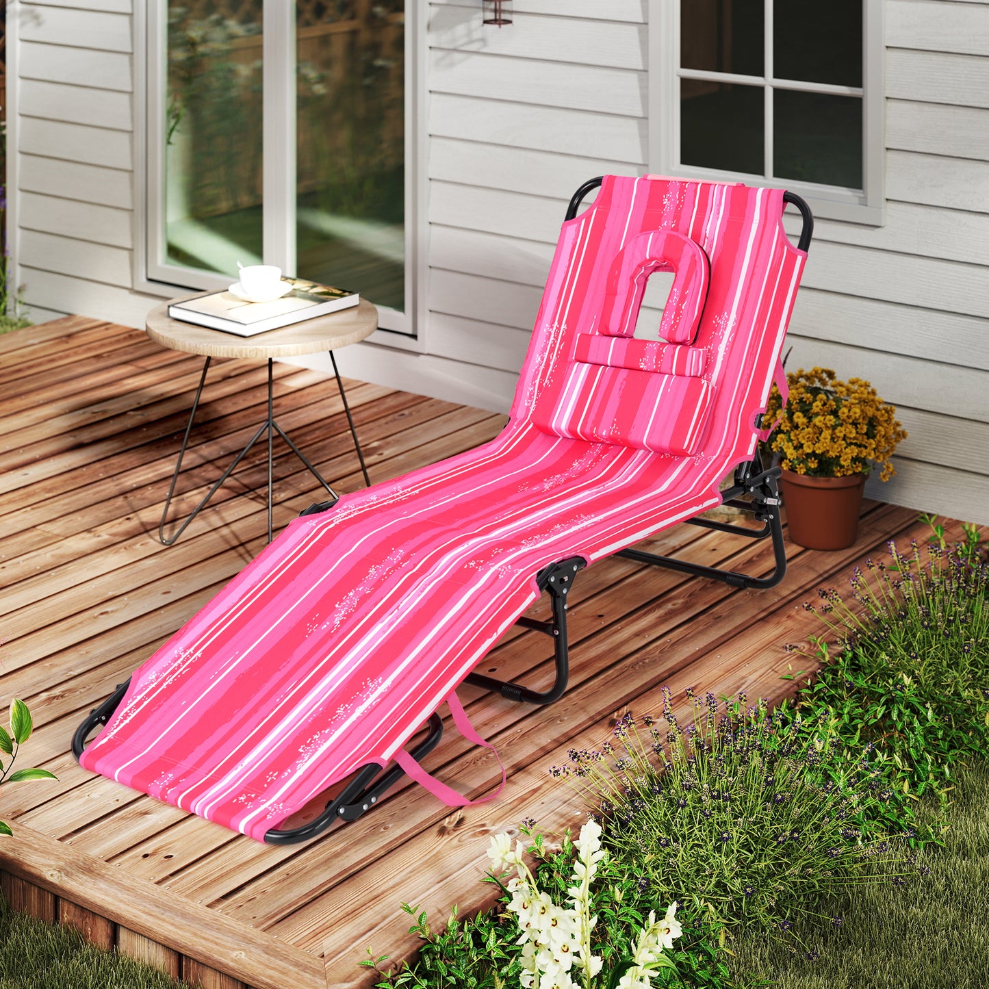 Reclining Beach Chair with Detachable Pillows for Outdoor-Light Pink