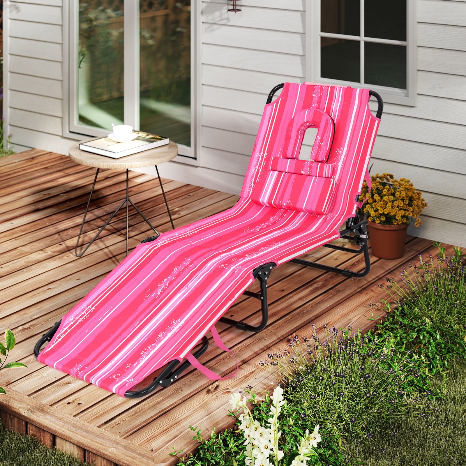 Reclining Beach Chair with Detachable Pillows for Outdoor-Light Pink