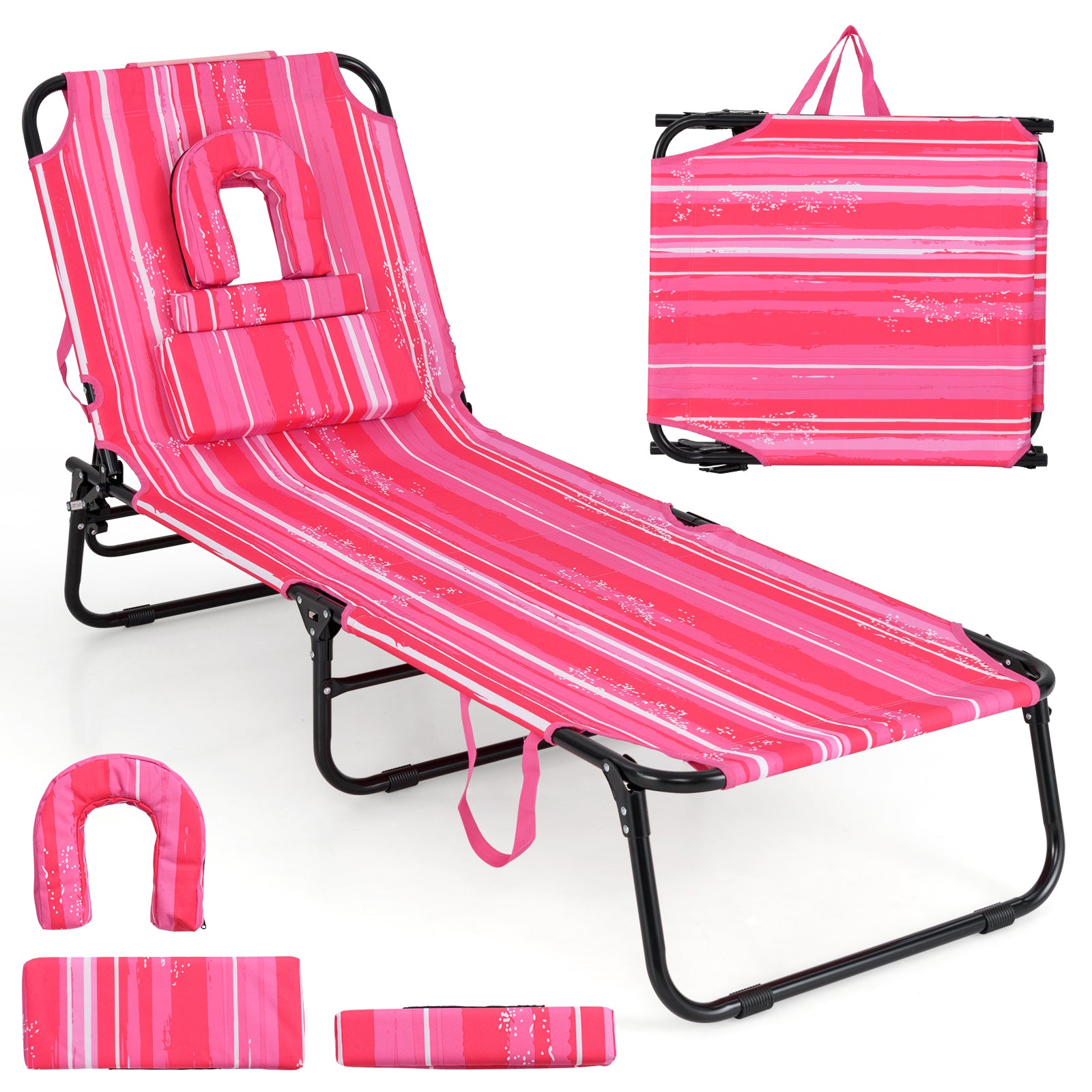 Reclining Beach Chair with Detachable Pillows for Outdoor-Light Pink