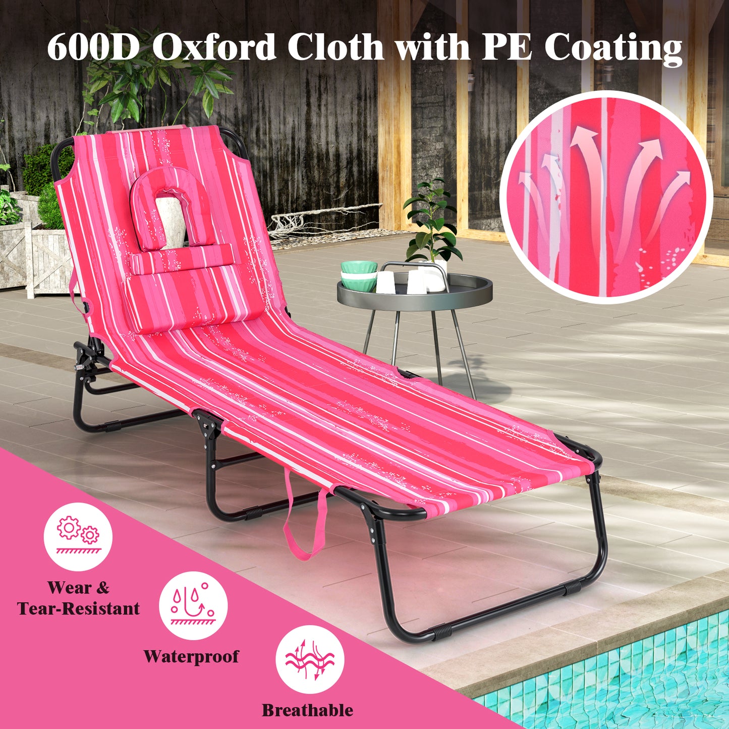 Reclining Beach Chair with Detachable Pillows for Outdoor-Light Pink