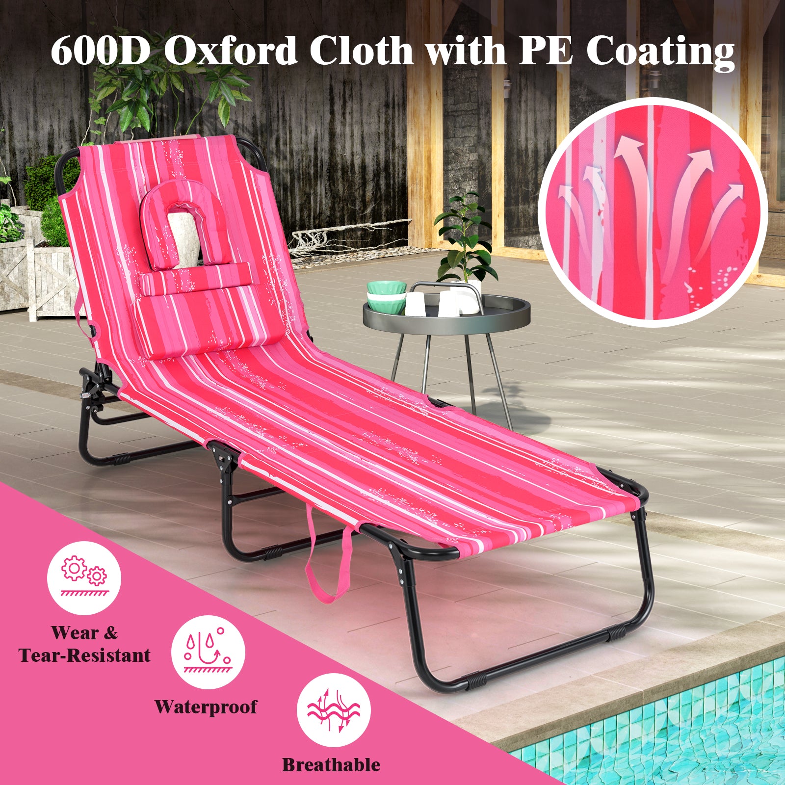Reclining Beach Chair with Detachable Pillows for Outdoor-Light Pink
