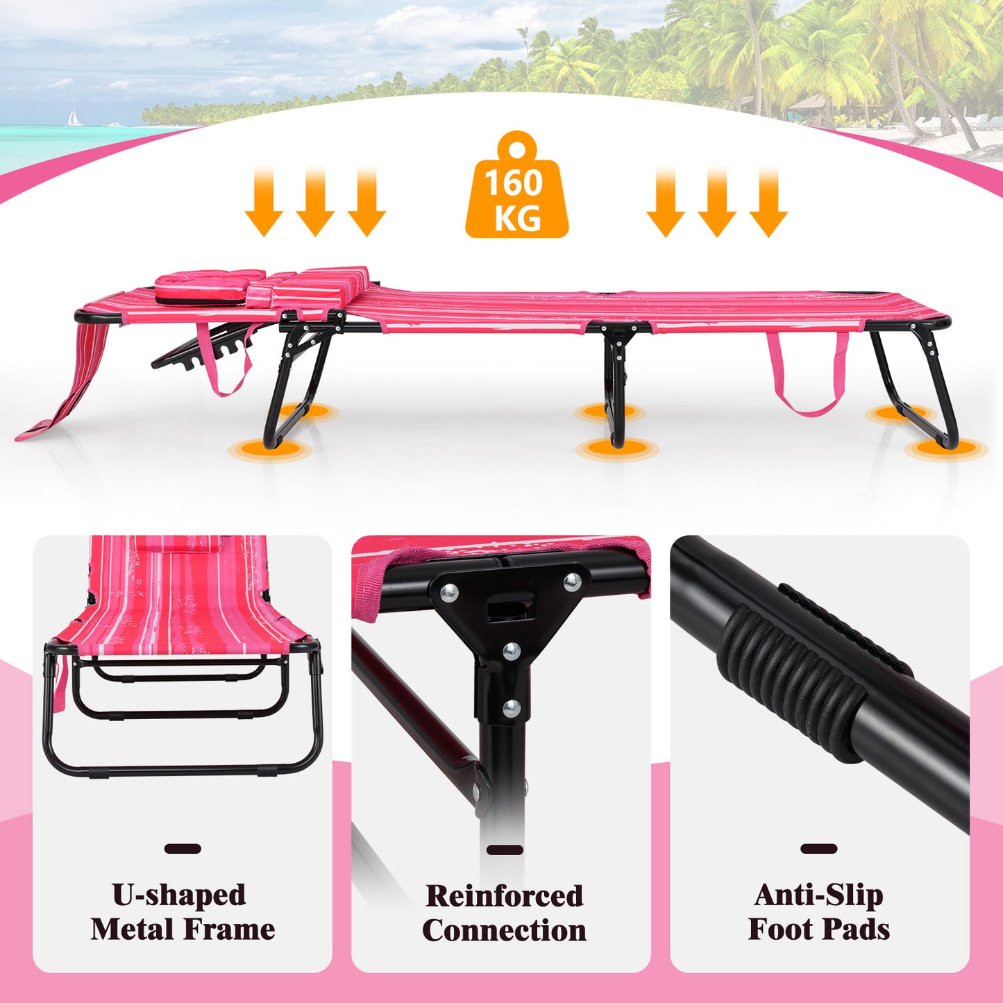 Reclining Beach Chair with Detachable Pillows for Outdoor-Light Pink