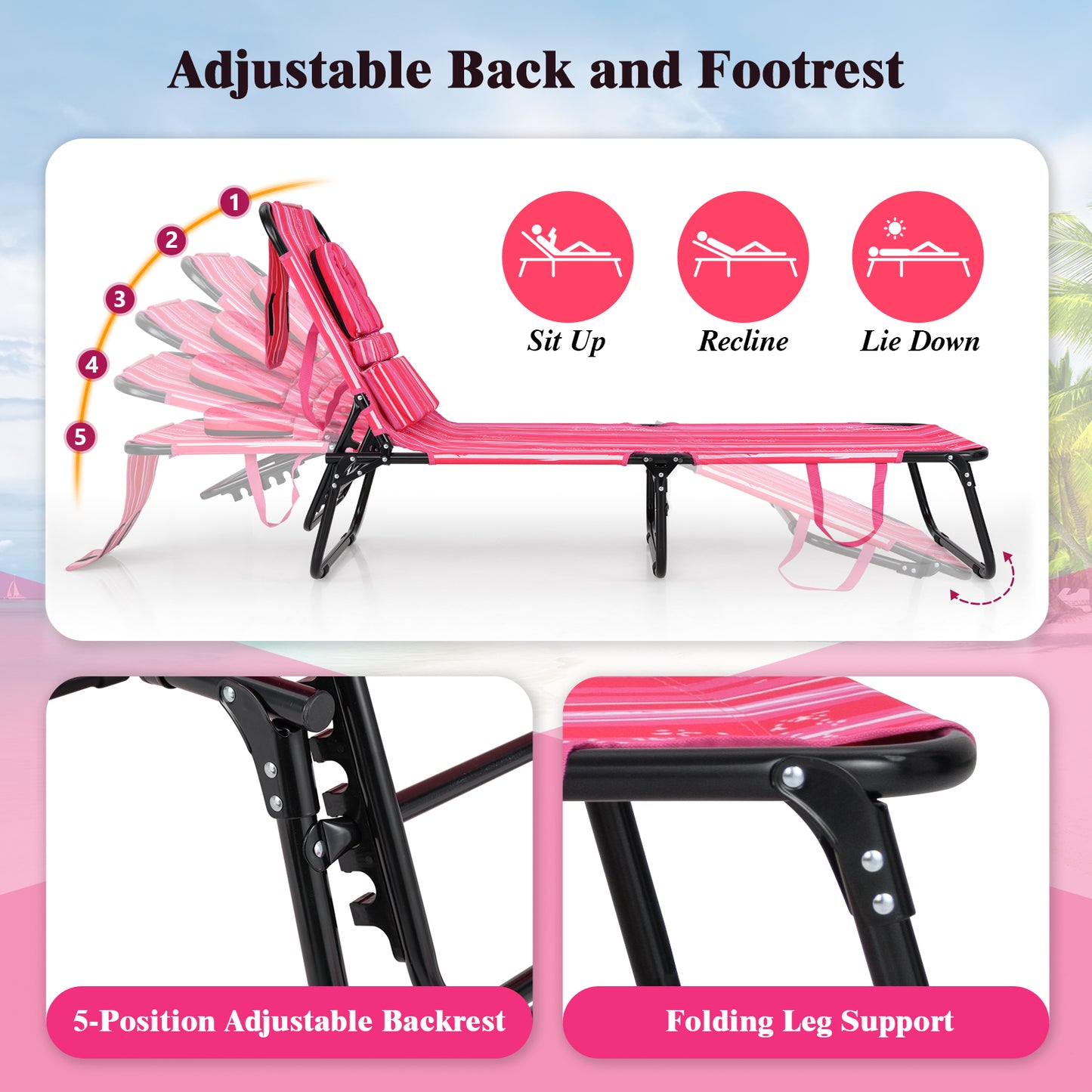 Reclining Beach Chair with Detachable Pillows for Outdoor-Light Pink