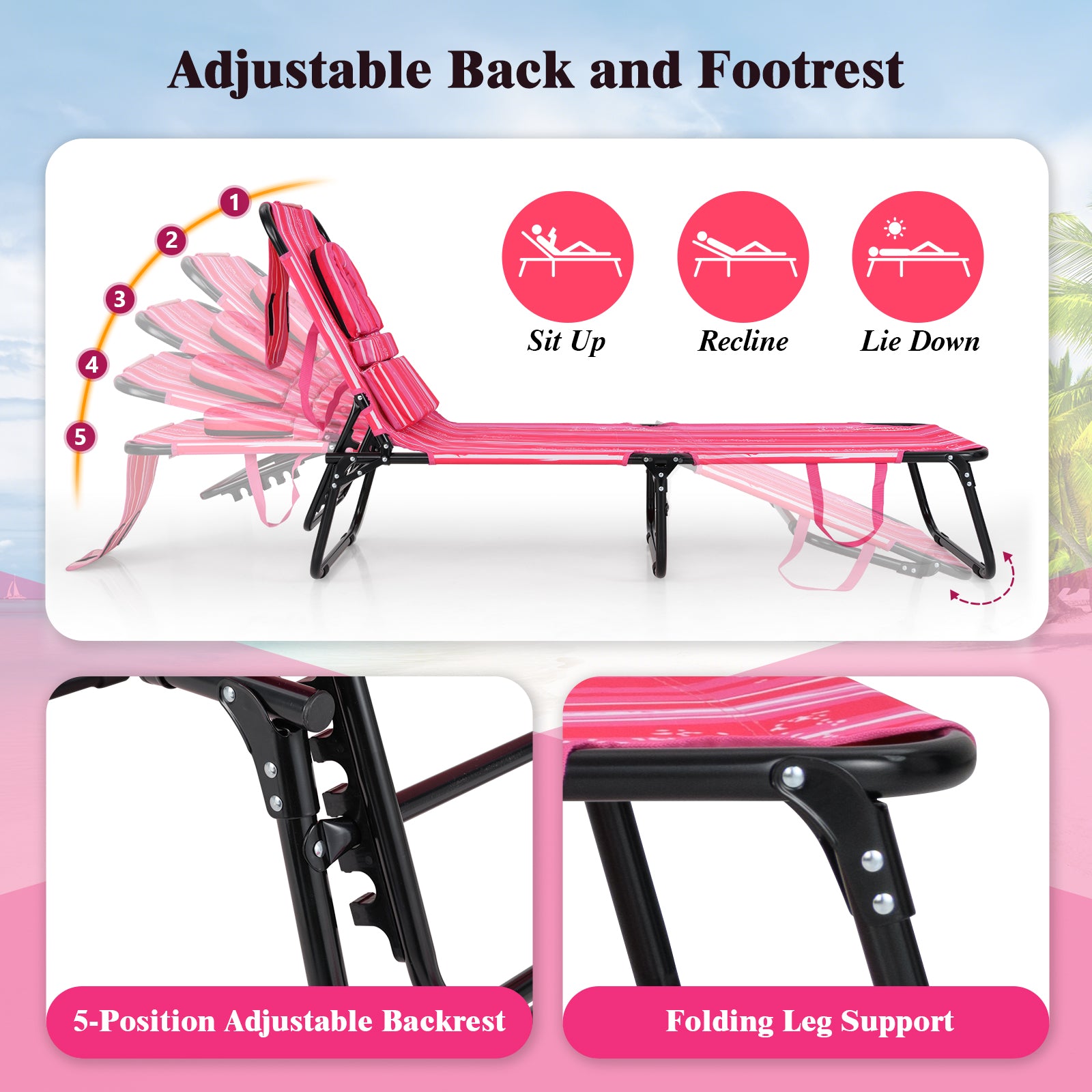 Reclining Beach Chair with Detachable Pillows for Outdoor-Light Pink