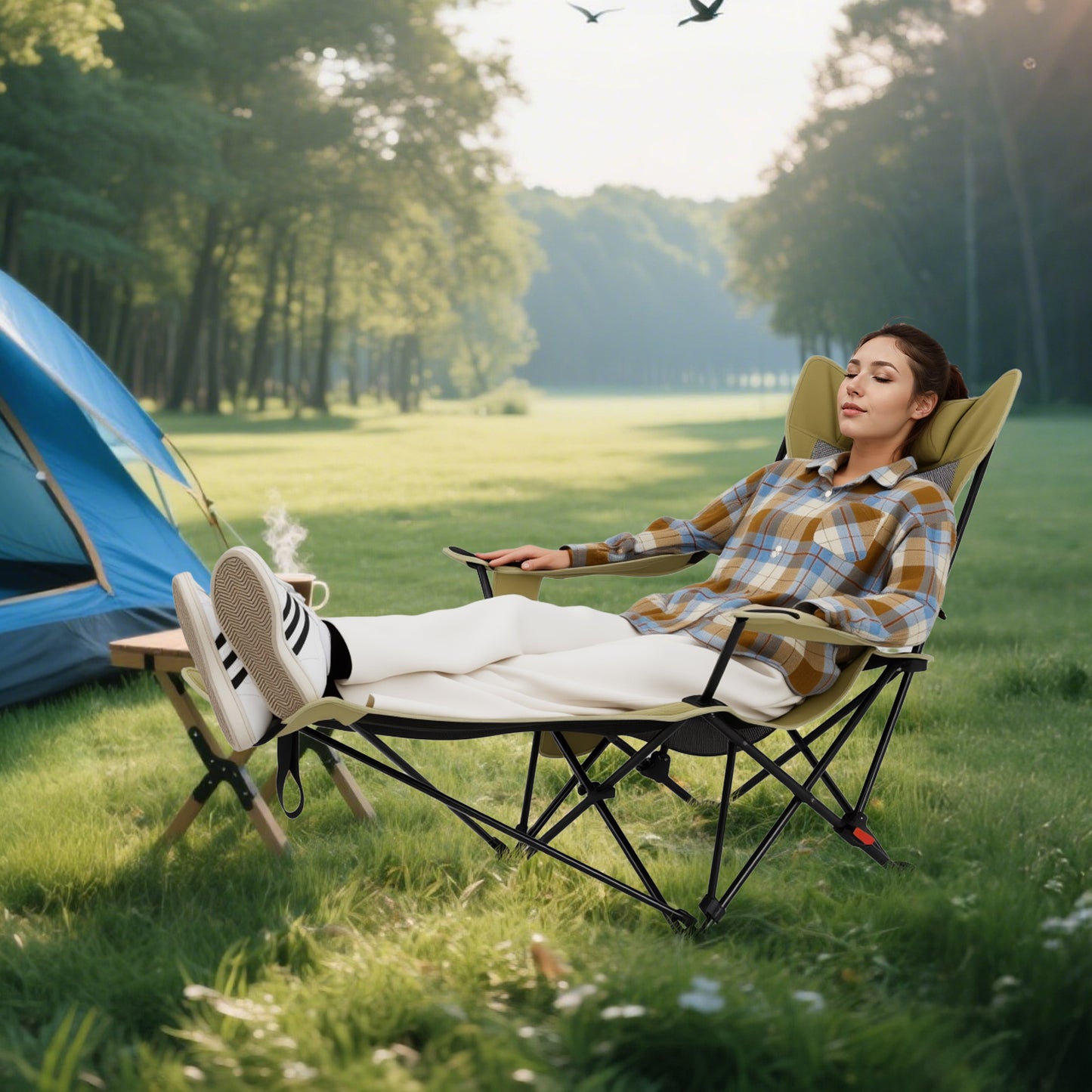 Camping Lounge Chair with Detachable Footrest and Adjustable Backrest-Beige