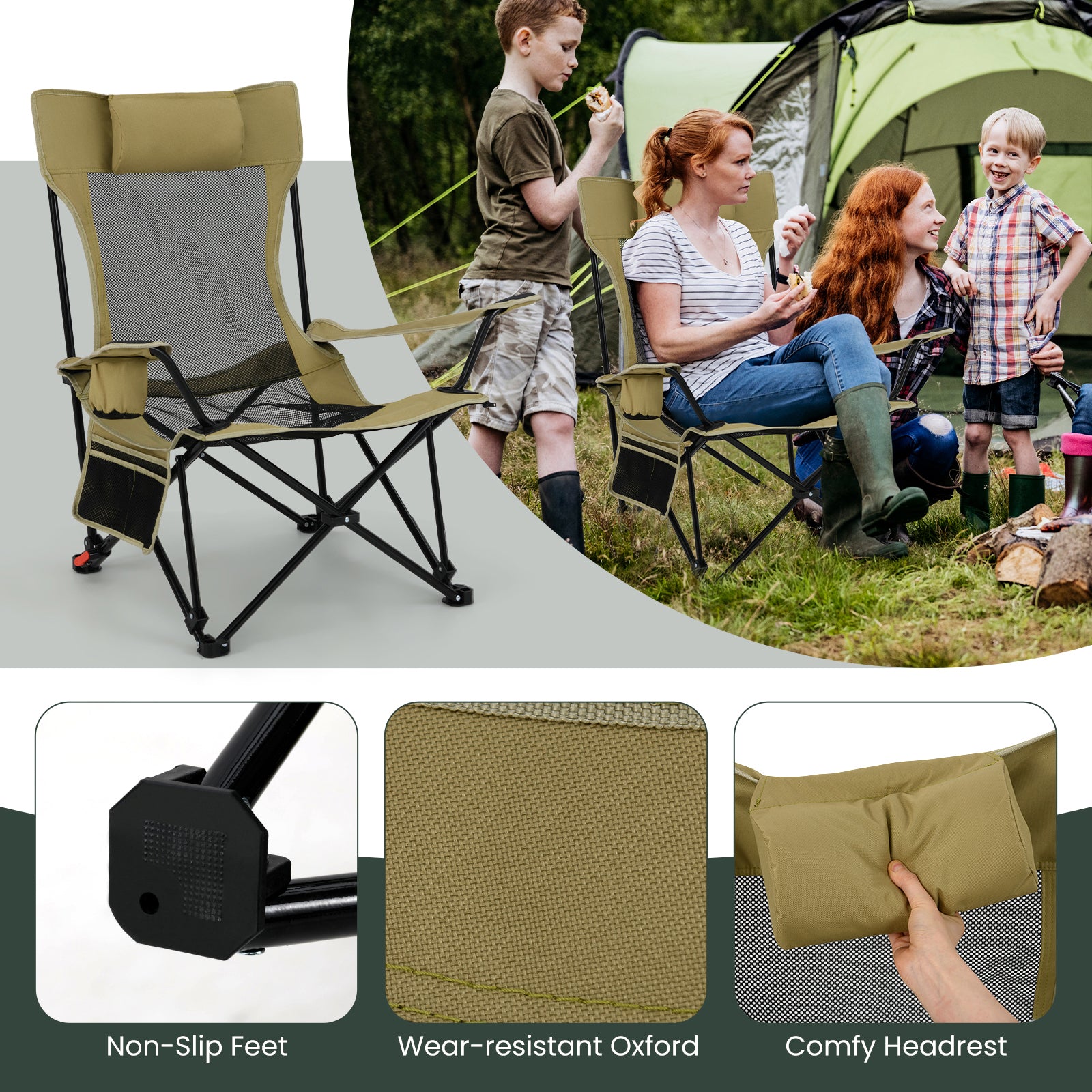 Camping Lounge Chair with Detachable Footrest and Adjustable Backrest-Beige
