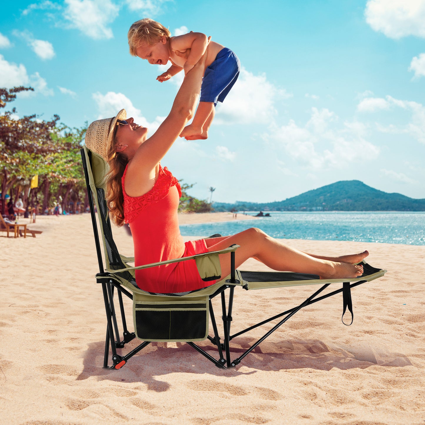 Camping Lounge Chair with Detachable Footrest and Adjustable Backrest-Beige