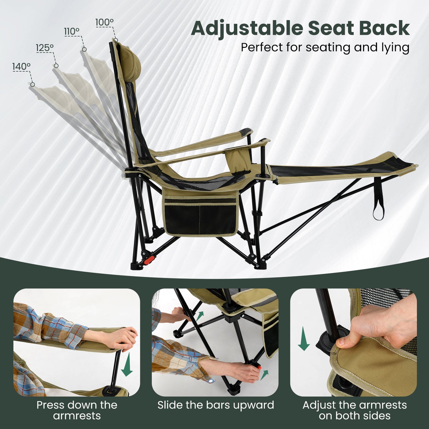 Camping Lounge Chair with Detachable Footrest and Adjustable Backrest-Beige