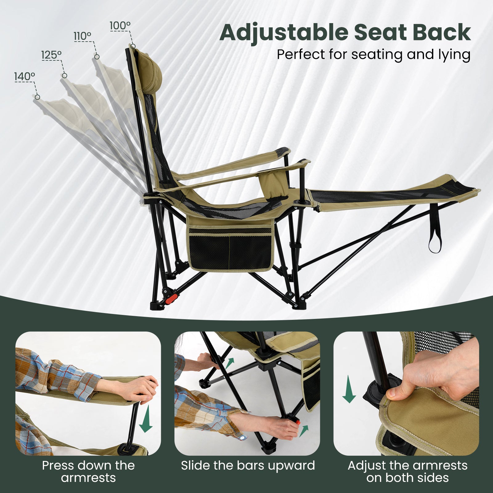 Camping Lounge Chair with Detachable Footrest and Adjustable Backrest-Beige