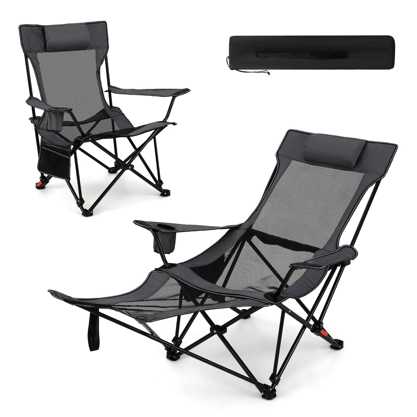 Camping Lounge Chair with Detachable Footrest and Adjustable Backrest for Fishing Camp Picnics-Grey