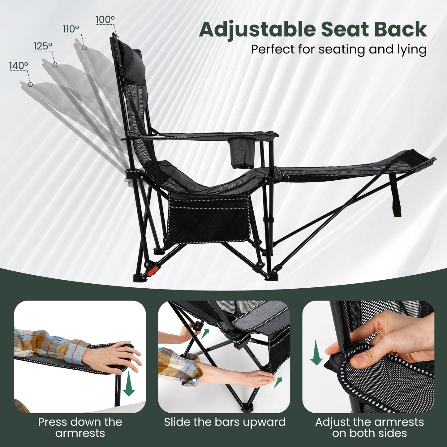 Camping Lounge Chair with Detachable Footrest and Adjustable Backrest for Fishing Camp Picnics-Grey