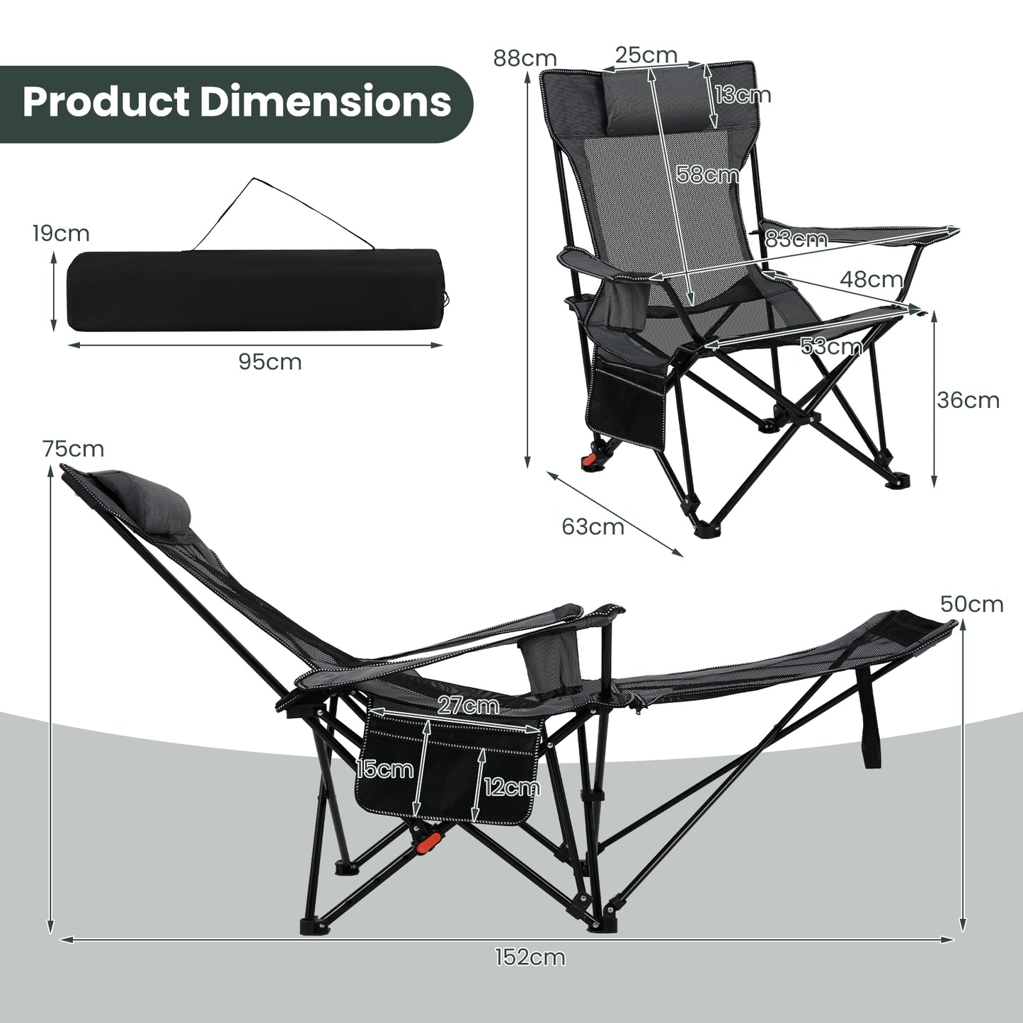 Camping Lounge Chair with Detachable Footrest and Adjustable Backrest for Fishing Camp Picnics-Grey