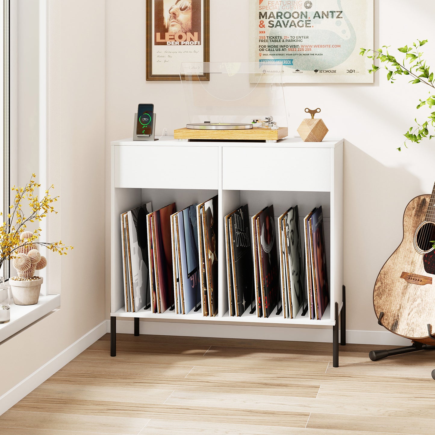 Record Player Stand with Power Outlets and Drawers-White