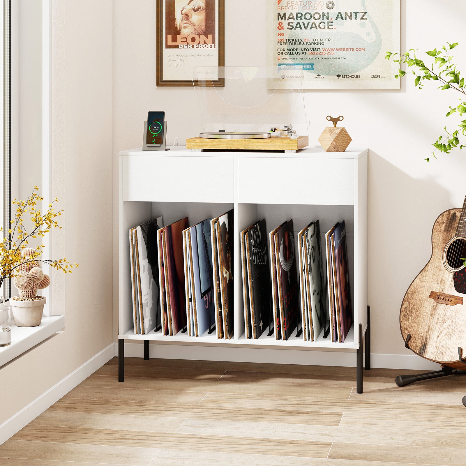Record Player Stand with Power Outlets and Drawers-White