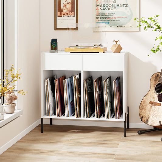 Record Player Stand with Power Outlets and Drawers-White