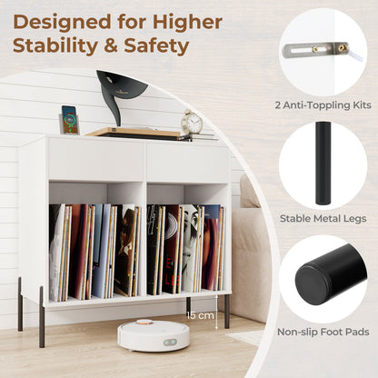 Record Player Stand with Power Outlets and Drawers-White