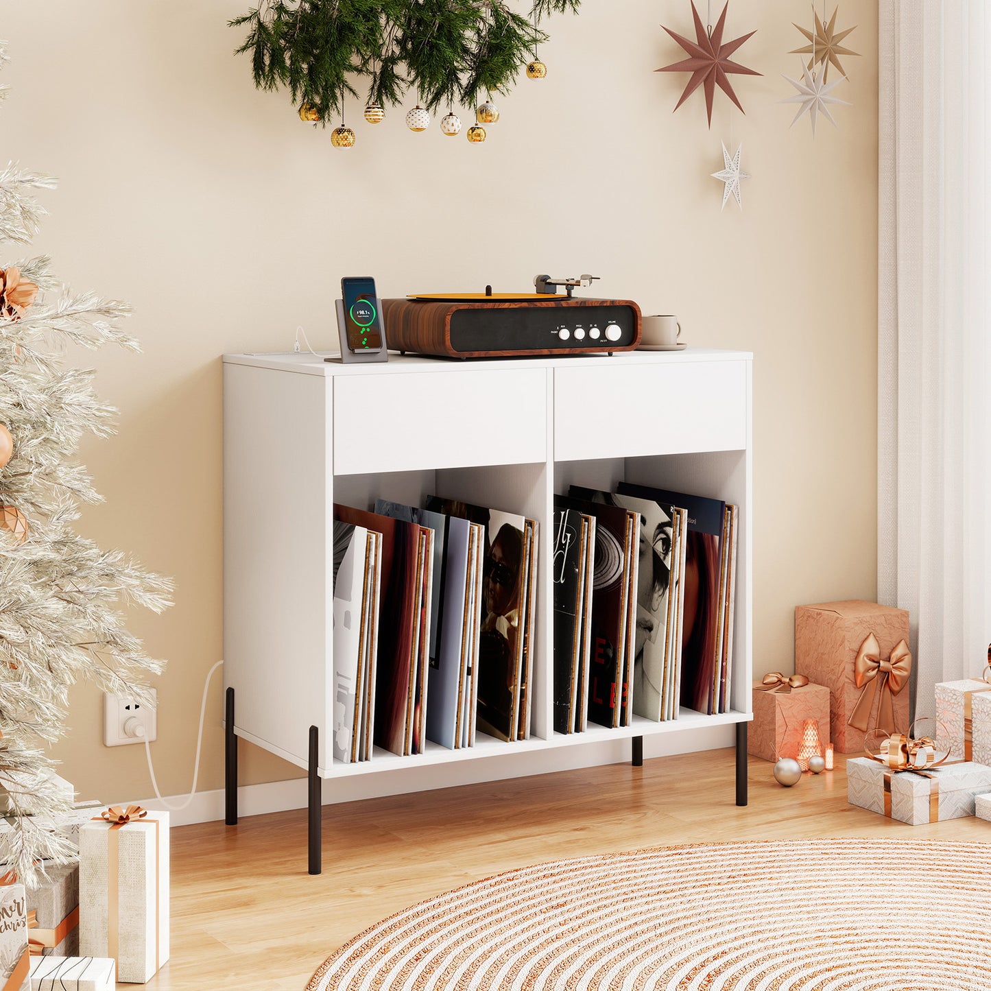 Record Player Stand with Power Outlets and Drawers-White