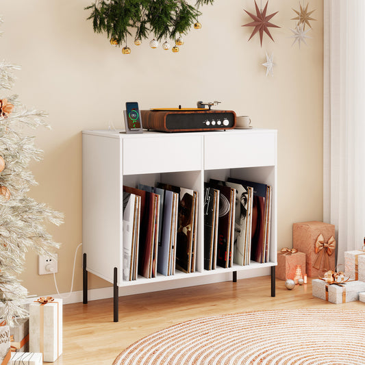 Record Player Stand with Power Outlets and Drawers-White
