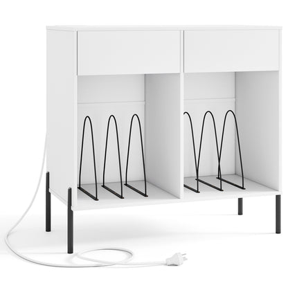 Record Player Stand with Power Outlets and Drawers-White