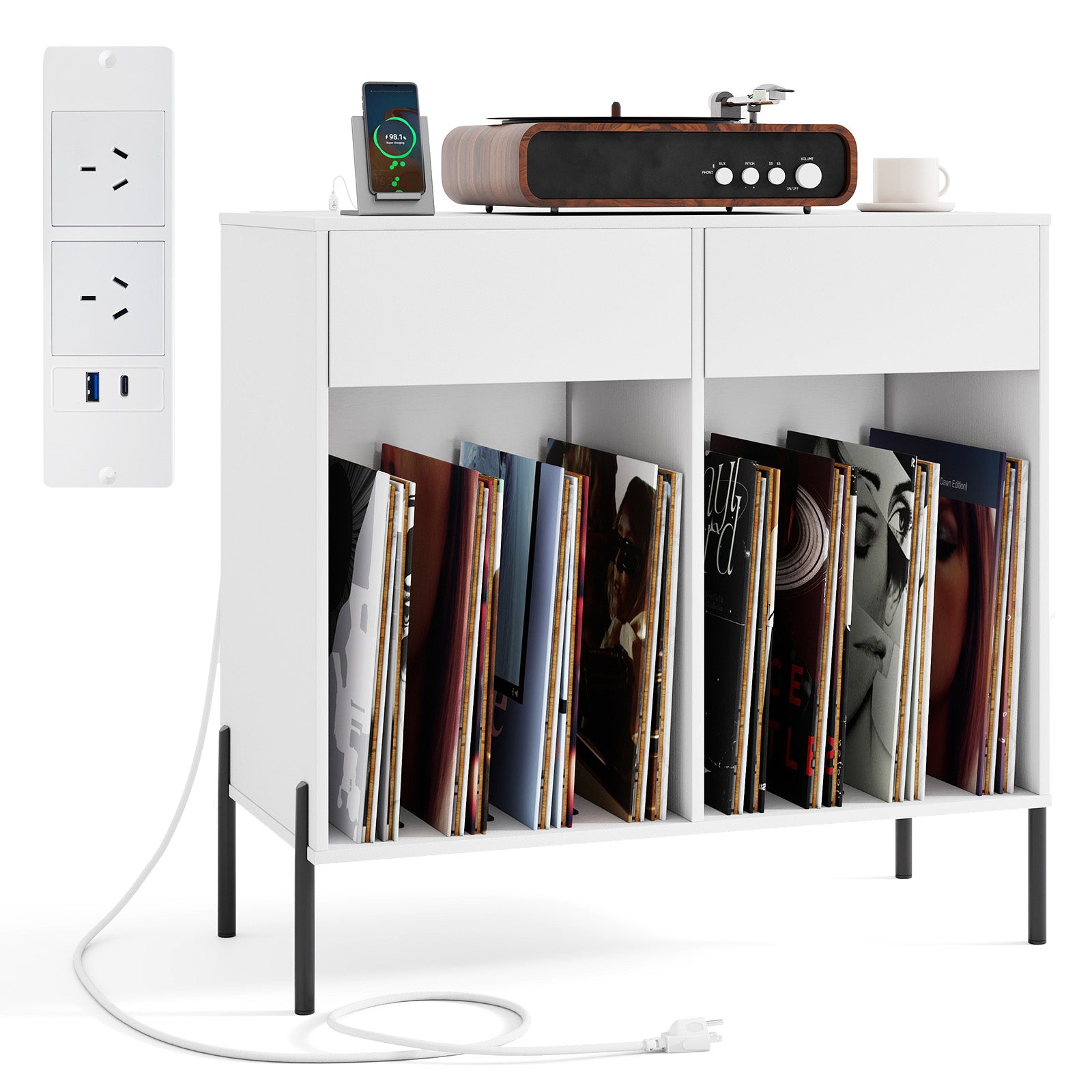 Record Player Stand with Power Outlets and Drawers-White