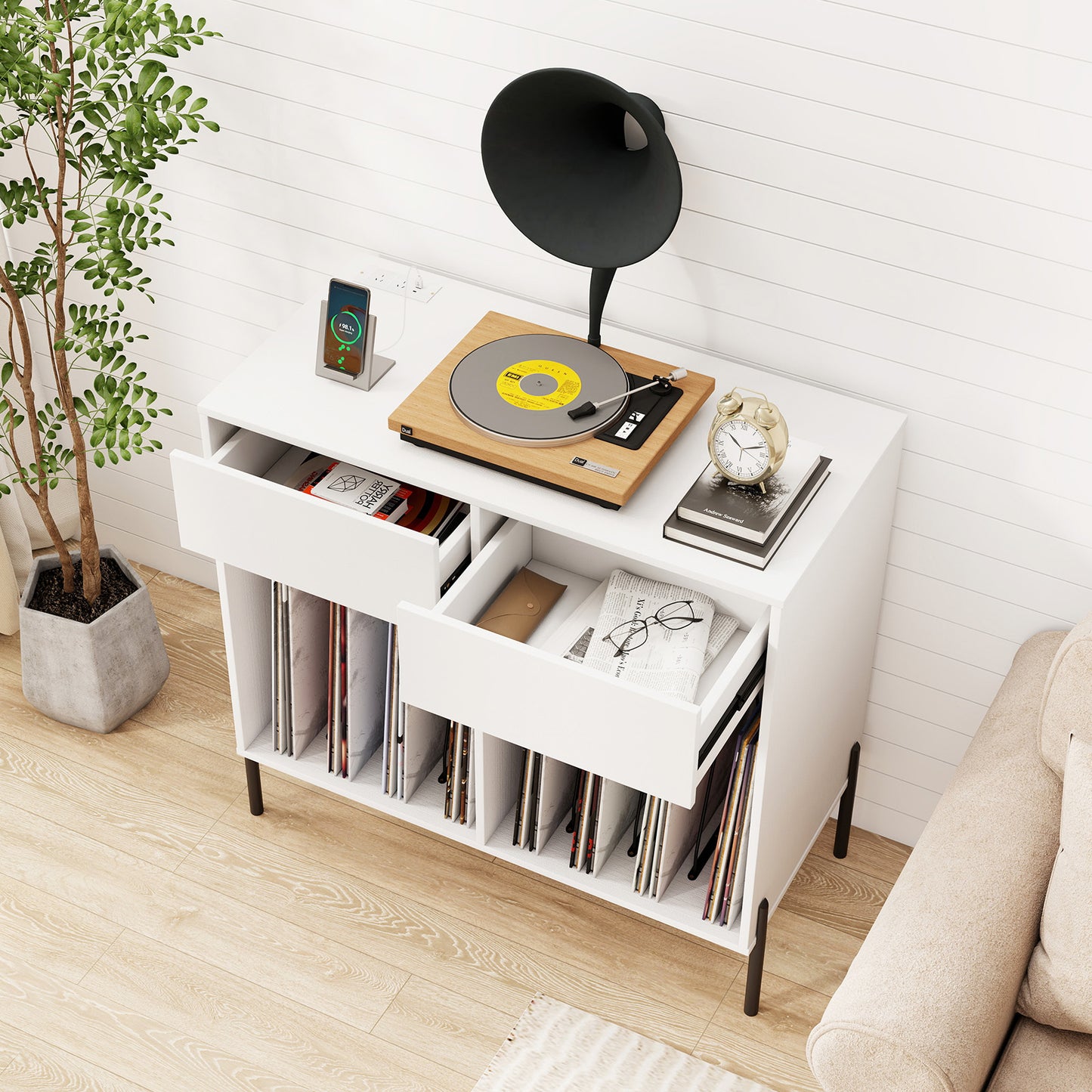 Record Player Stand with Power Outlets and Drawers-White