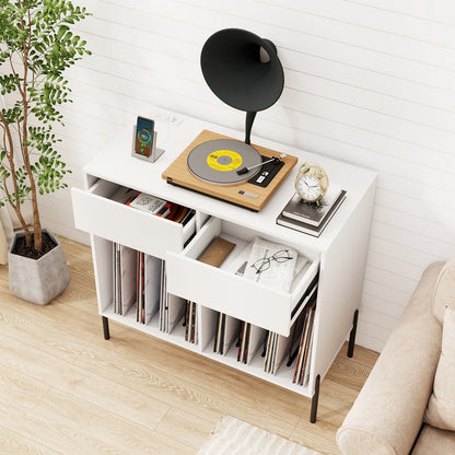 Record Player Stand with Power Outlets and Drawers-White
