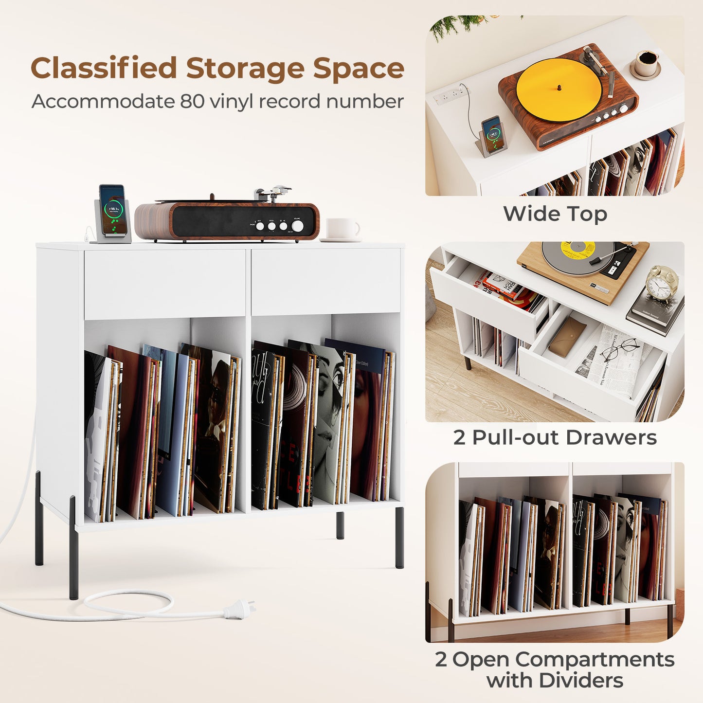 Record Player Stand with Power Outlets and Drawers-White
