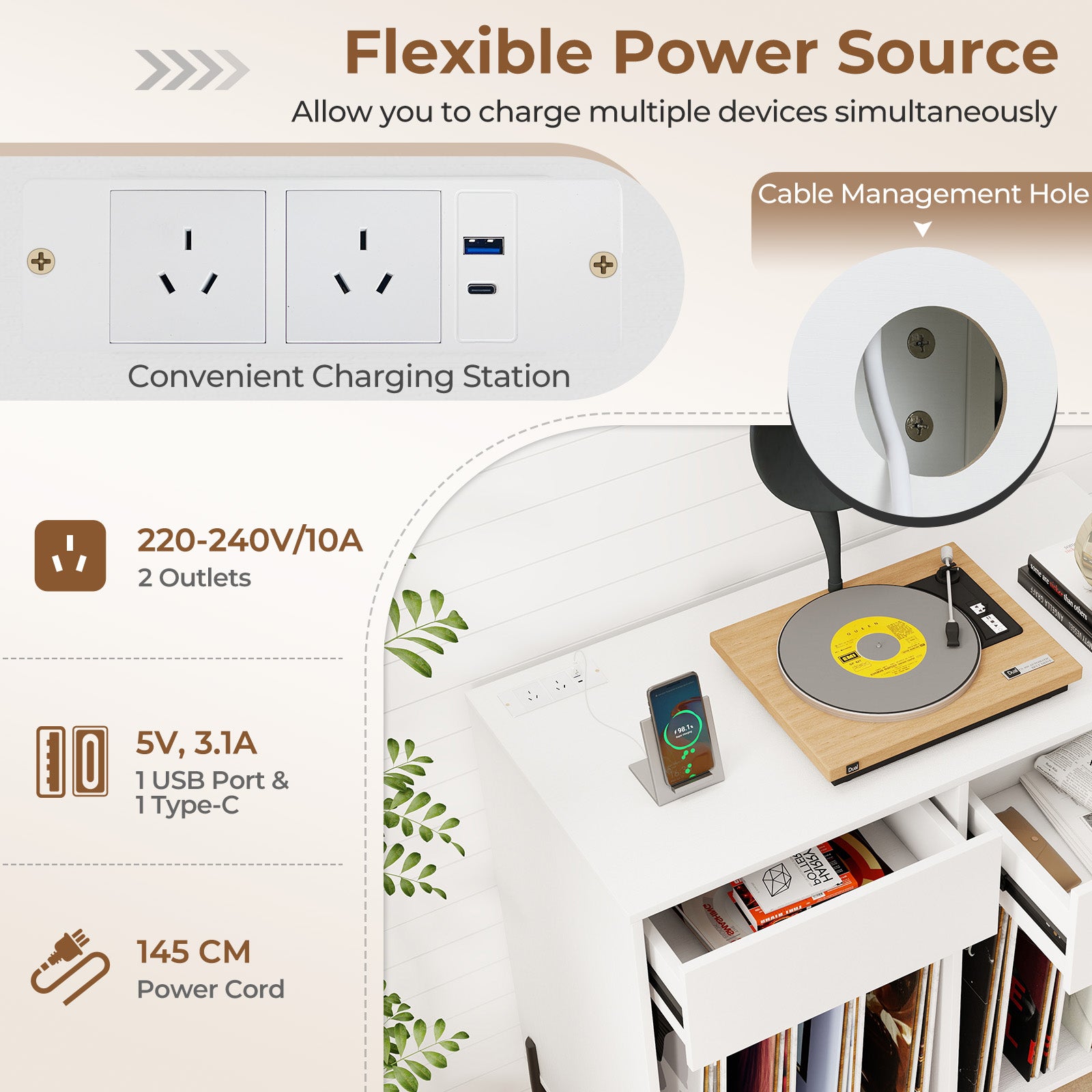 Record Player Stand with Power Outlets and Drawers-White