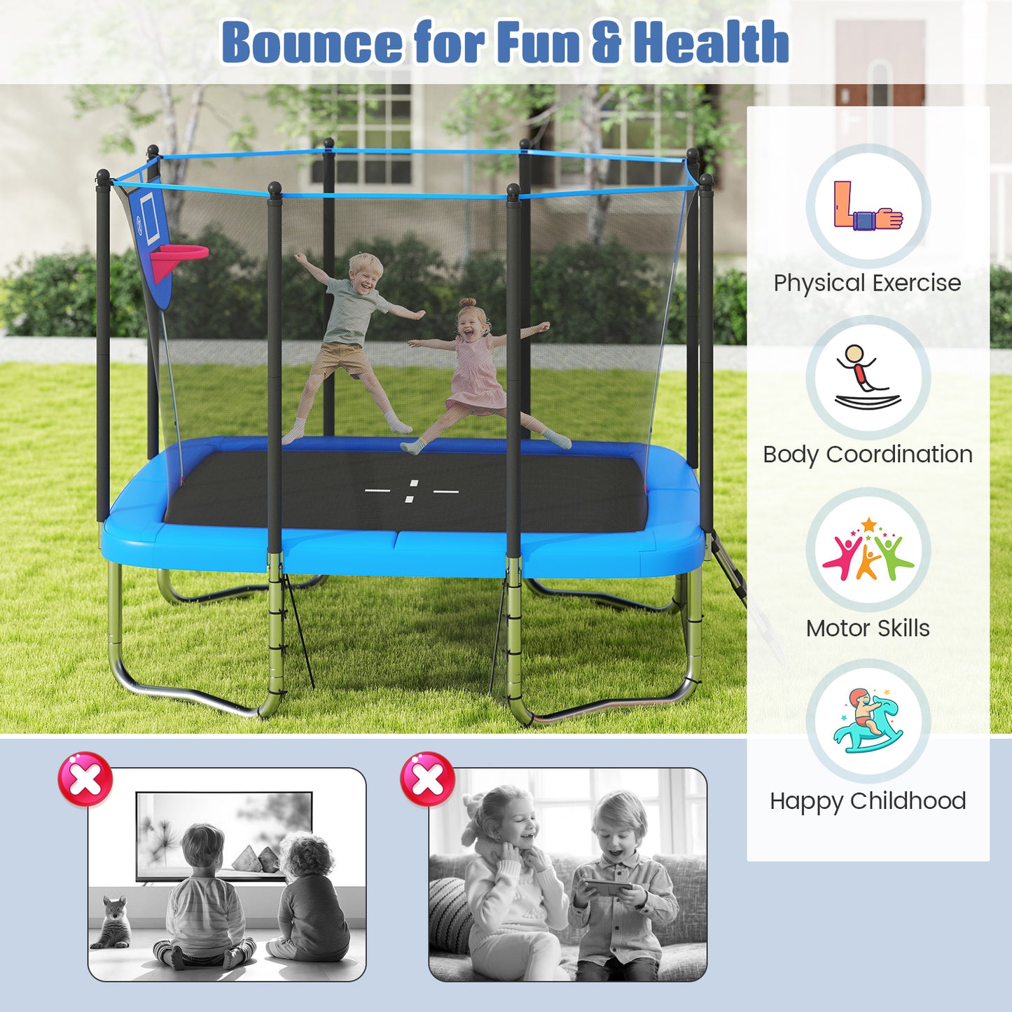 Rectangle Outdoor Trampoline 10 x 8 FT Heavy-Duty Trampoline-Blue