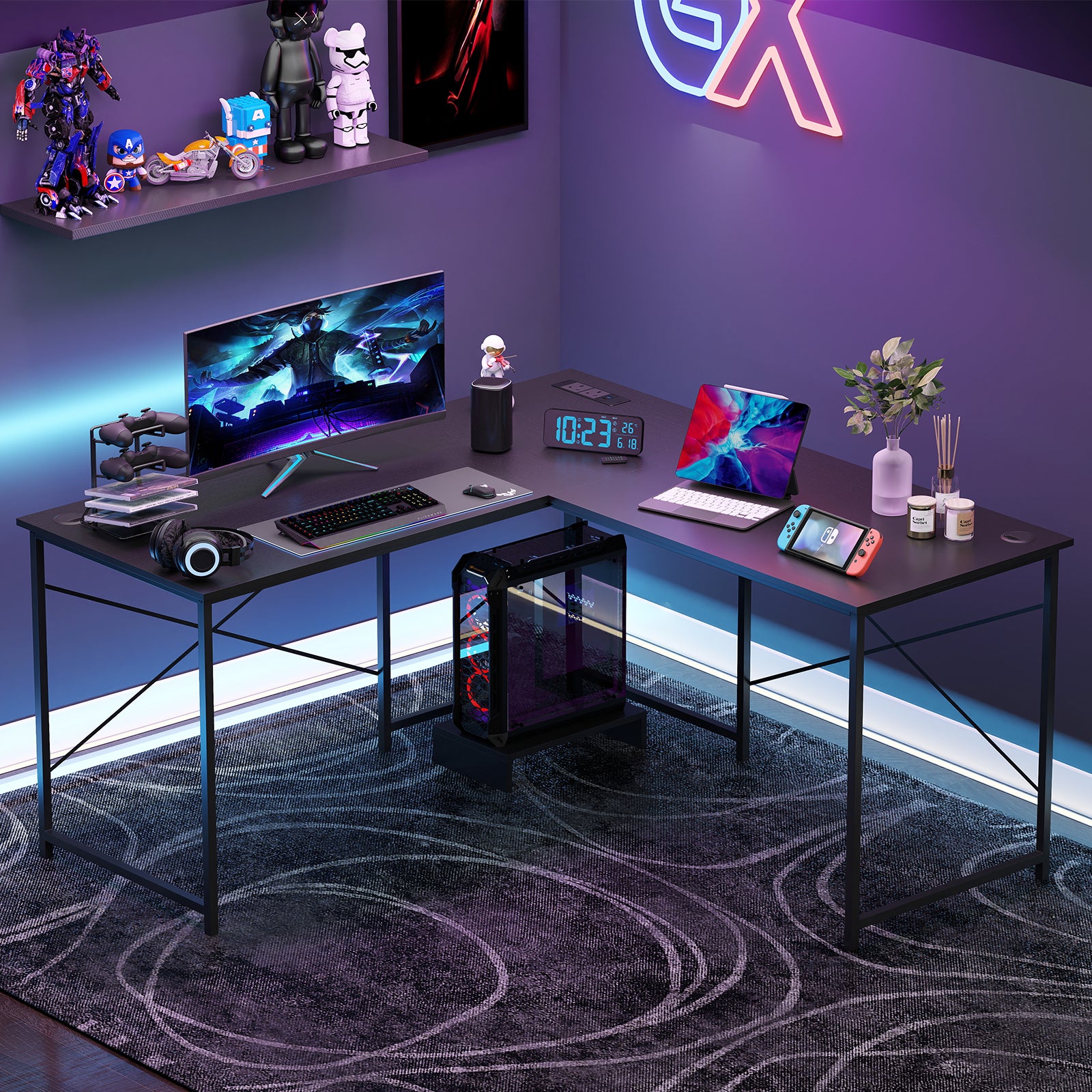 Reversible L-Shaped Desk with Built-in Power Strip and Removable Host-Black