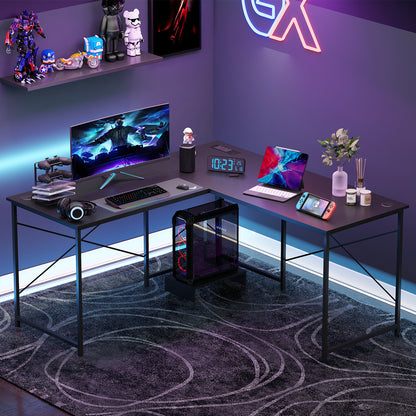 Reversible L-Shaped Desk with Built-in Power Strip and Removable Host-Black