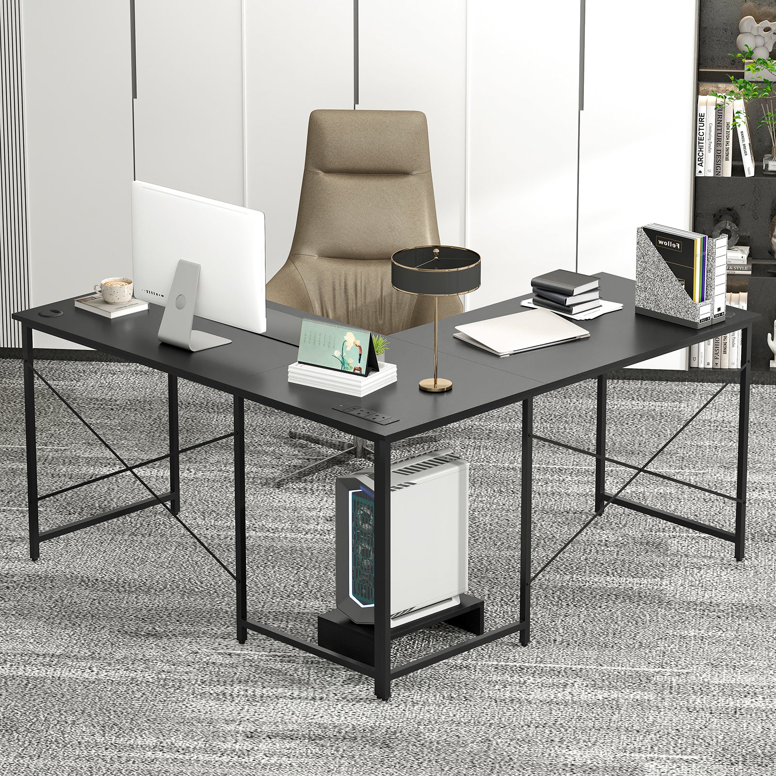 Reversible L-Shaped Desk with Built-in Power Strip and Removable Host-Black