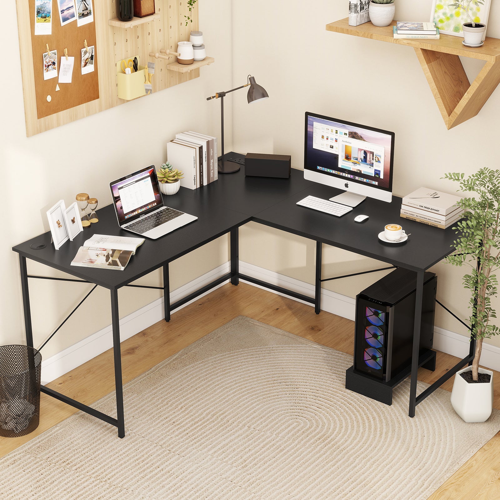 Reversible L-Shaped Desk with Built-in Power Strip and Removable Host-Black