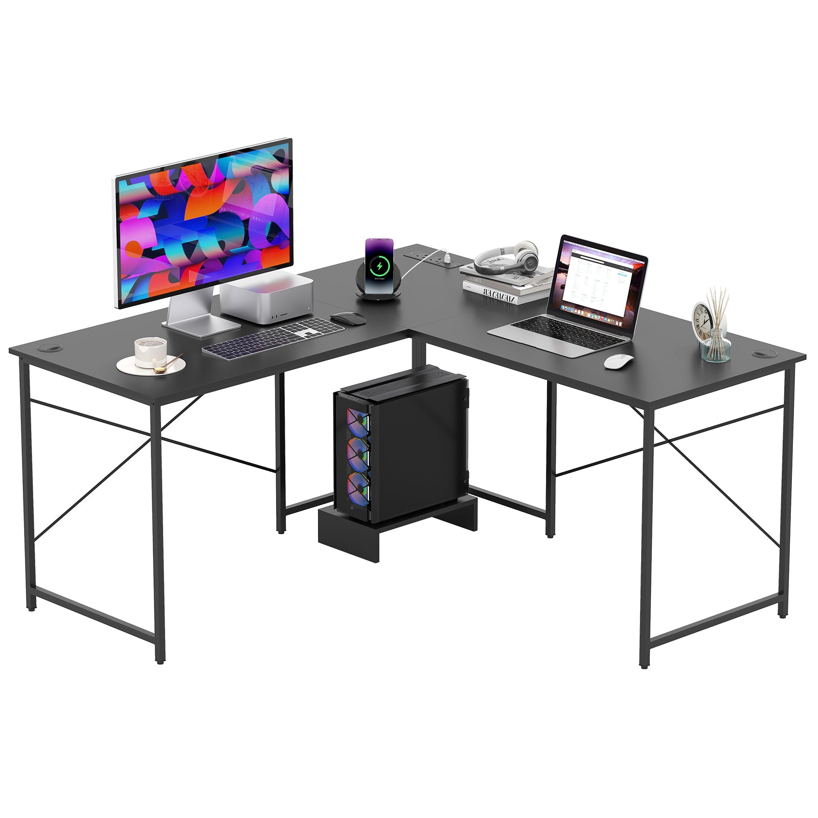 Reversible L-Shaped Desk with Built-in Power Strip and Removable Host-Black