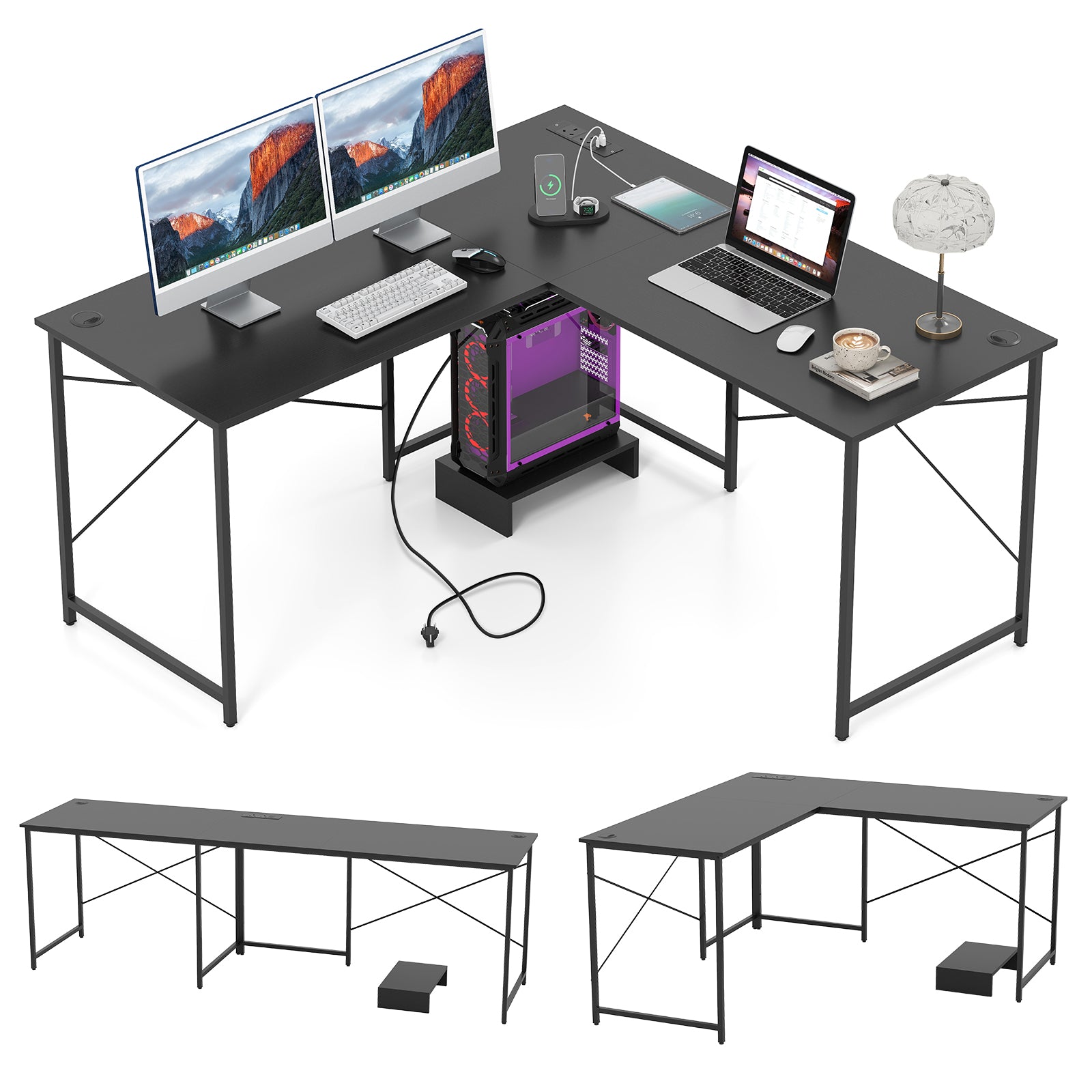 Reversible L-Shaped Desk with Built-in Power Strip and Removable Host-Black