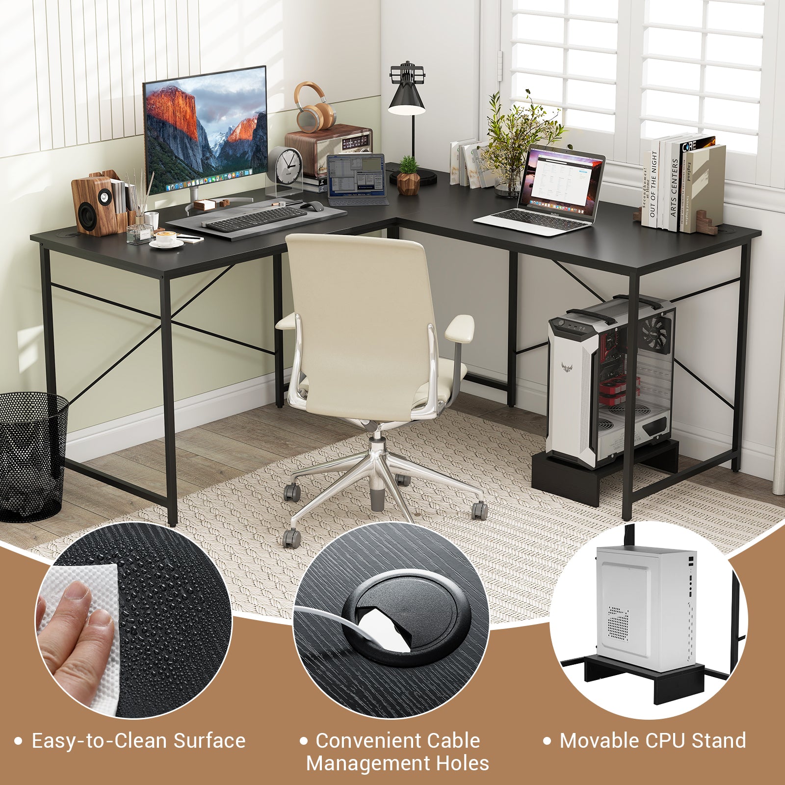 Reversible L-Shaped Desk with Built-in Power Strip and Removable Host-Black