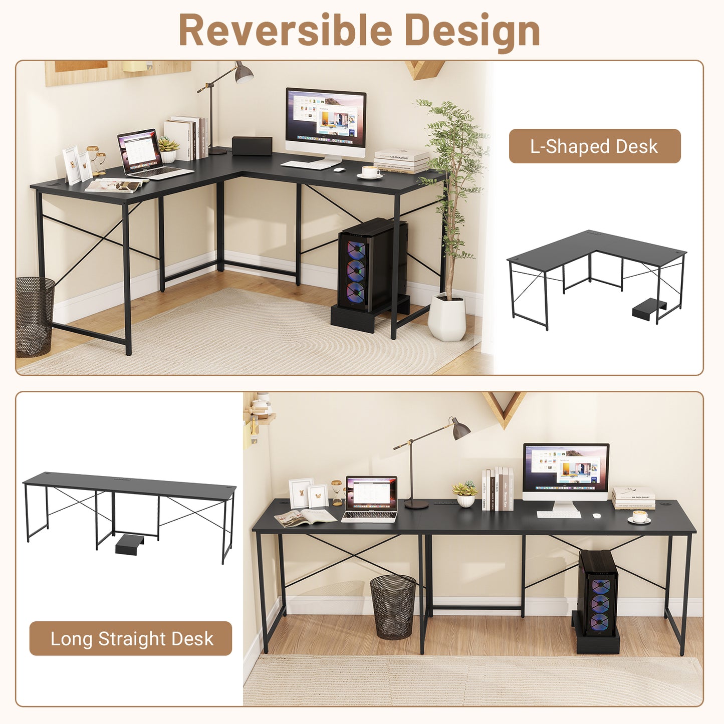 Reversible L-Shaped Desk with Built-in Power Strip and Removable Host-Black