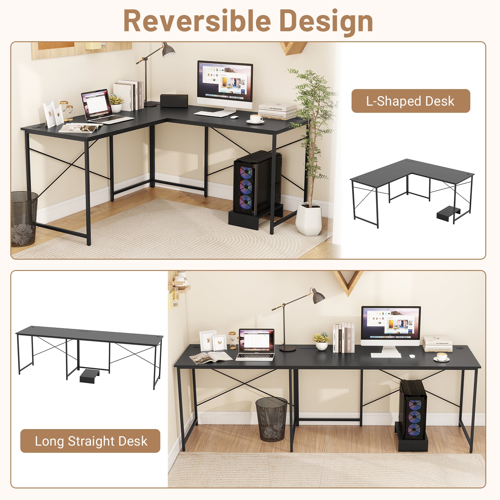 Reversible L-Shaped Desk with Built-in Power Strip and Removable Host-Black