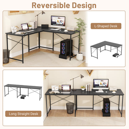 Reversible L-Shaped Desk with Built-in Power Strip and Removable Host-Black
