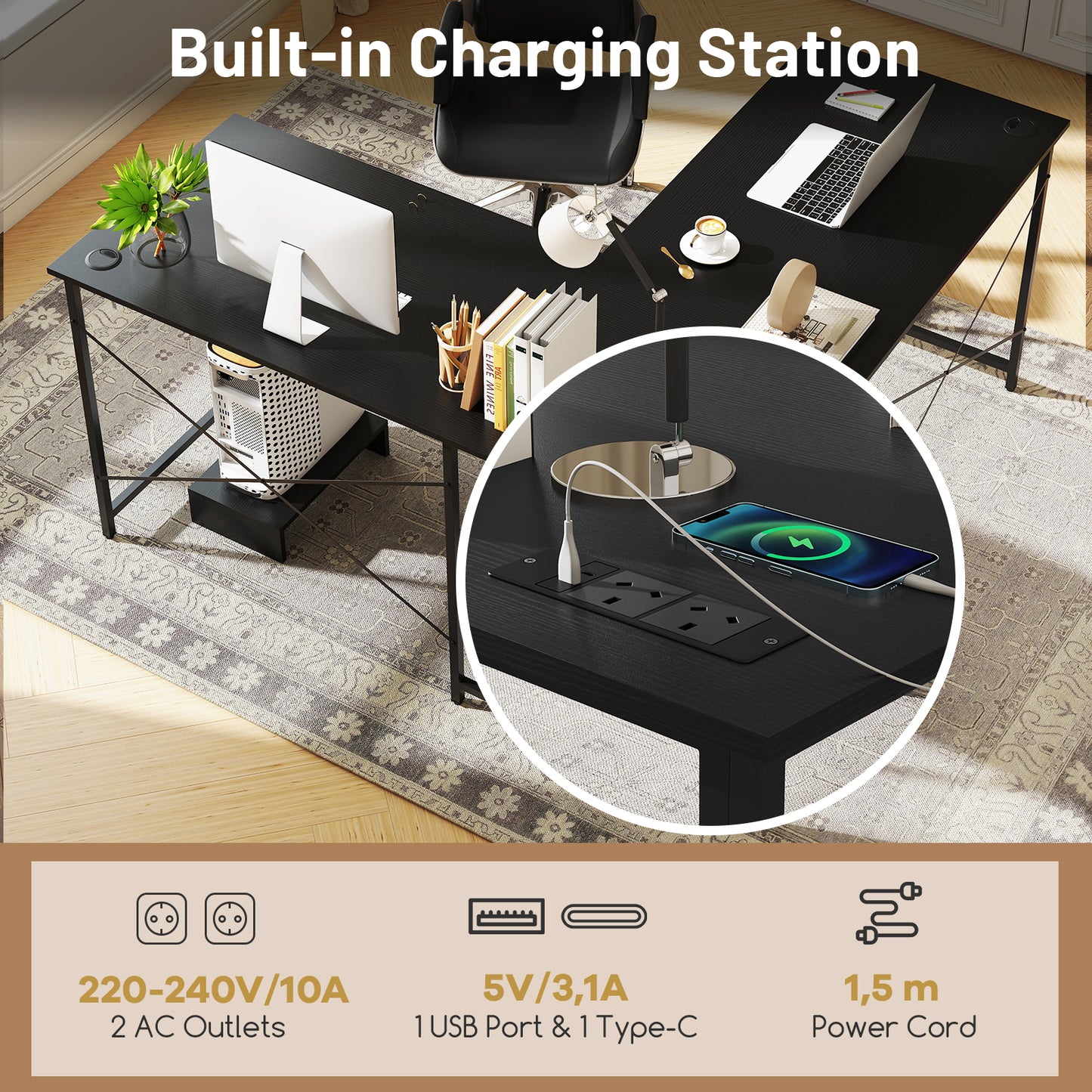 Reversible L-Shaped Desk with Built-in Power Strip and Removable Host-Black