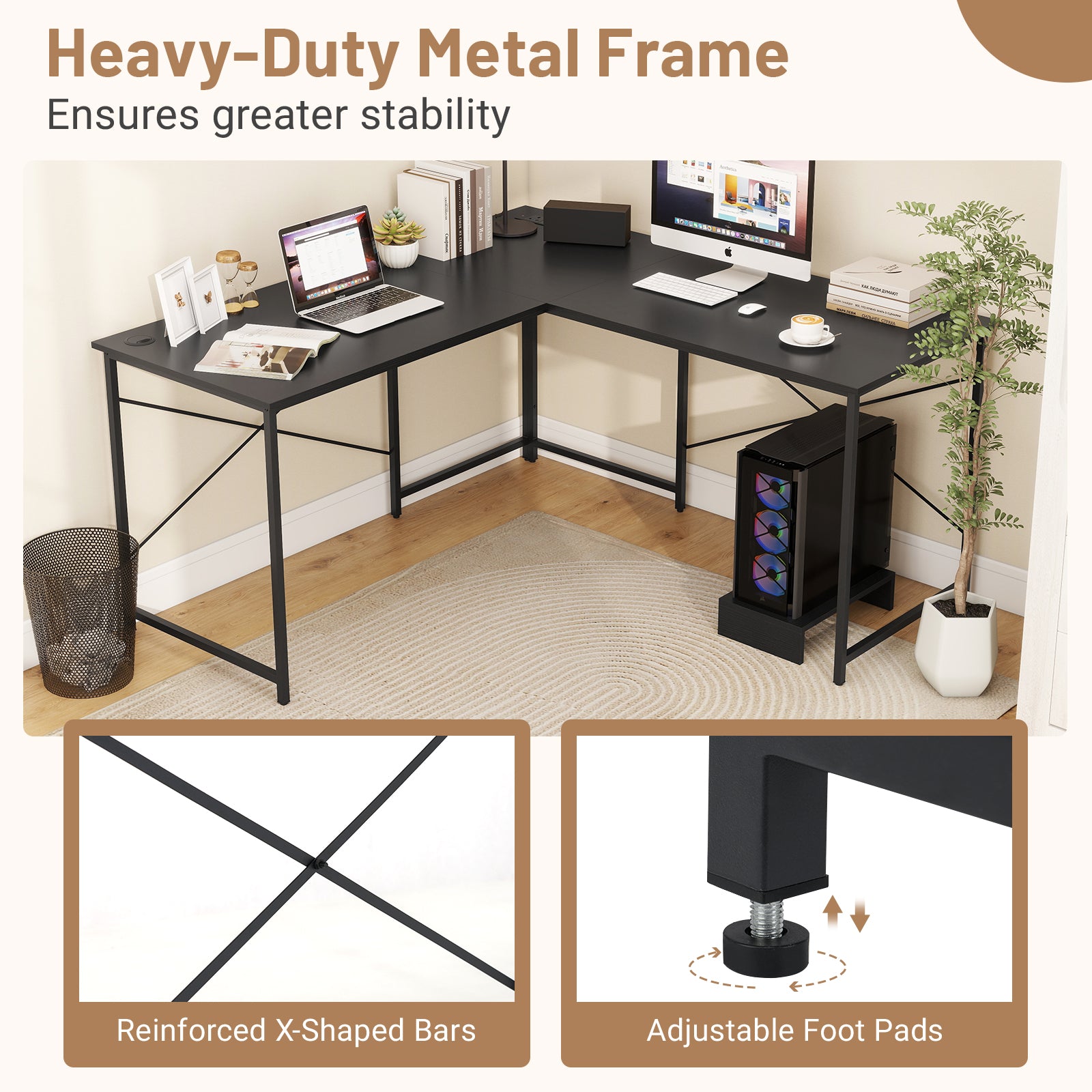 Reversible L-Shaped Desk with Built-in Power Strip and Removable Host-Black