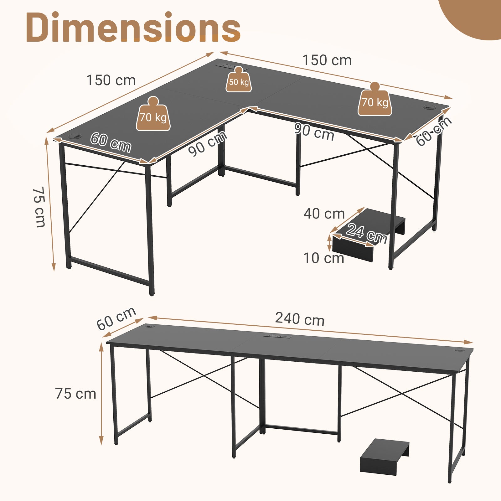 Reversible L-Shaped Desk with Built-in Power Strip and Removable Host-Black