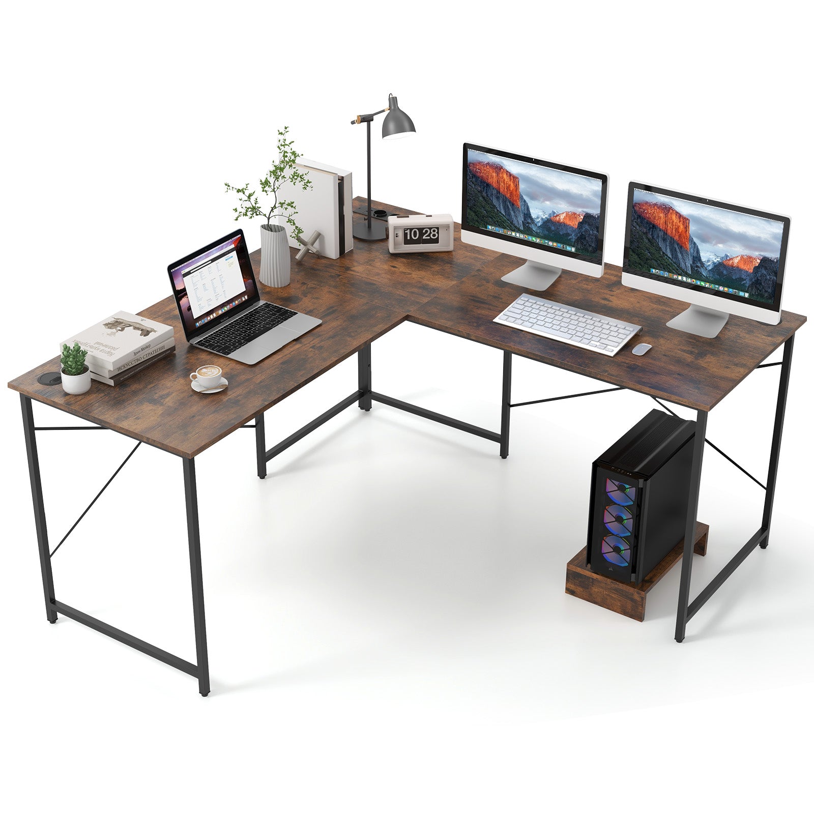 Reversible L-Shaped Desk with Built-in Power Strip and Removable Host-Rustic Brown