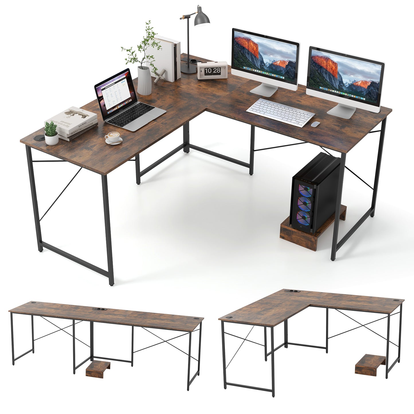 Reversible L-Shaped Desk with Built-in Power Strip and Removable Host-Rustic Brown
