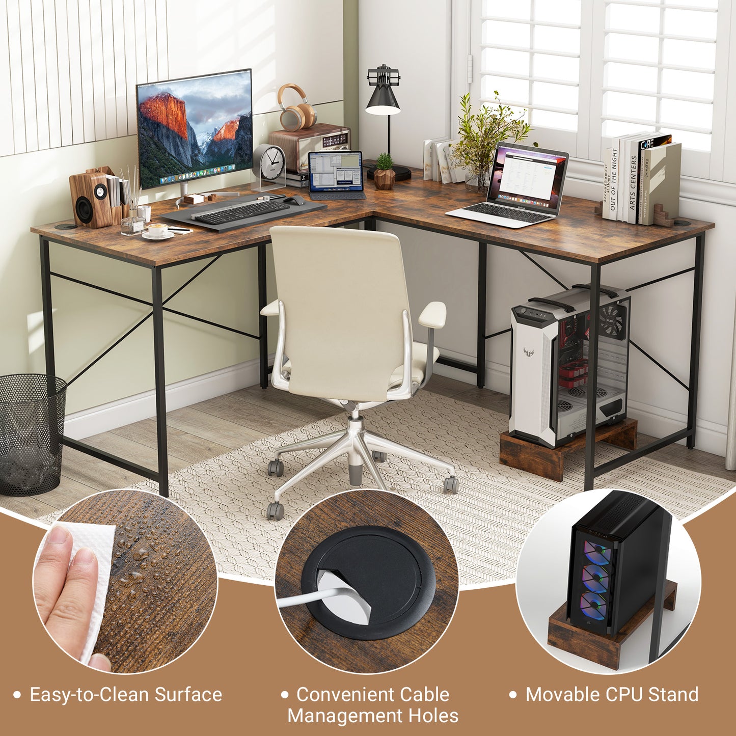 Reversible L-Shaped Desk with Built-in Power Strip and Removable Host-Rustic Brown