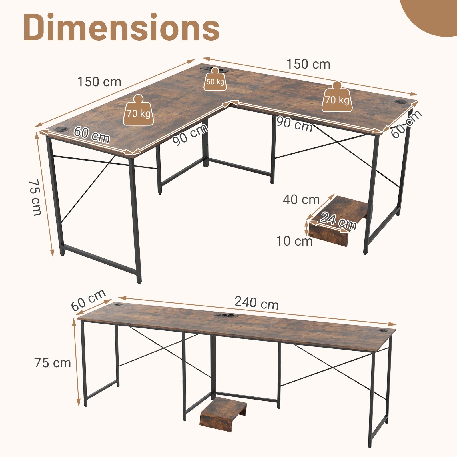 Reversible L-Shaped Desk with Built-in Power Strip and Removable Host-Rustic Brown