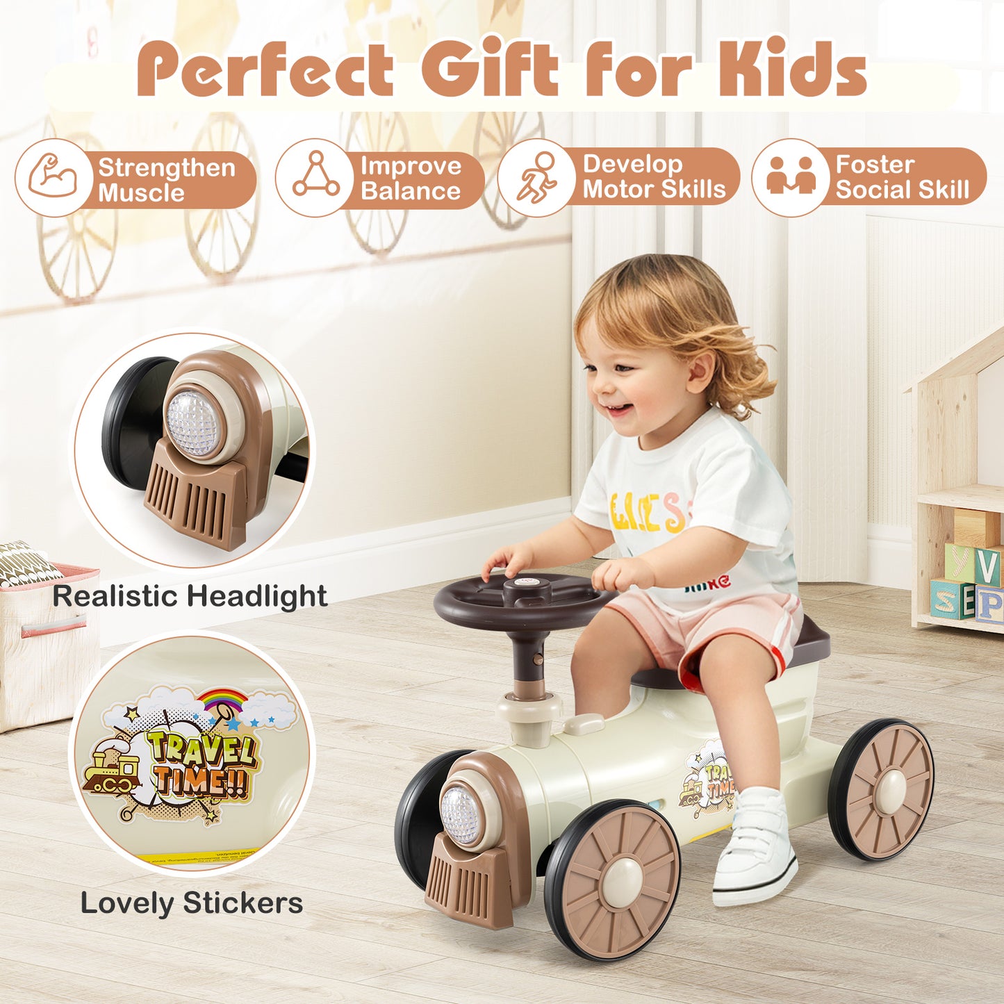 Ride on Push Car with Storage Compartment and Train Whistle Sound Button-Beige
