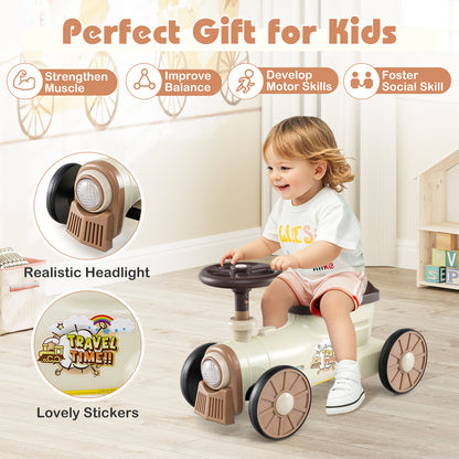 Ride on Push Car with Storage Compartment and Train Whistle Sound Button-Beige