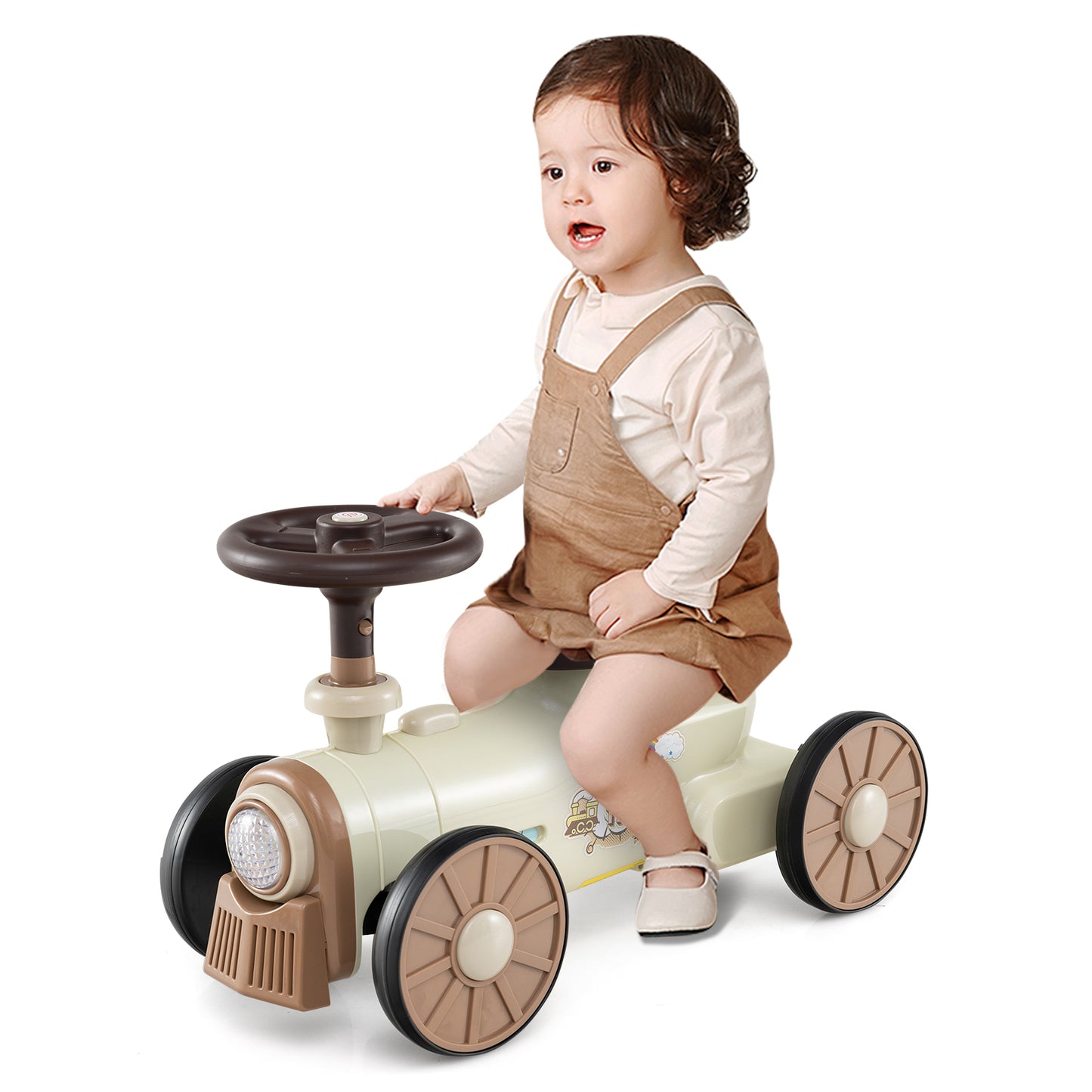 Ride on Push Car with Storage Compartment and Train Whistle Sound Button-Beige