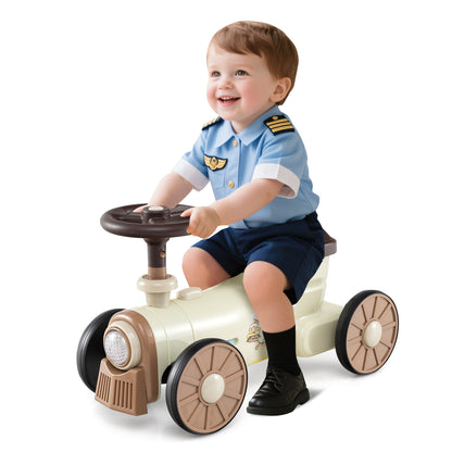 Ride on Push Car with Storage Compartment and Train Whistle Sound Button-Beige